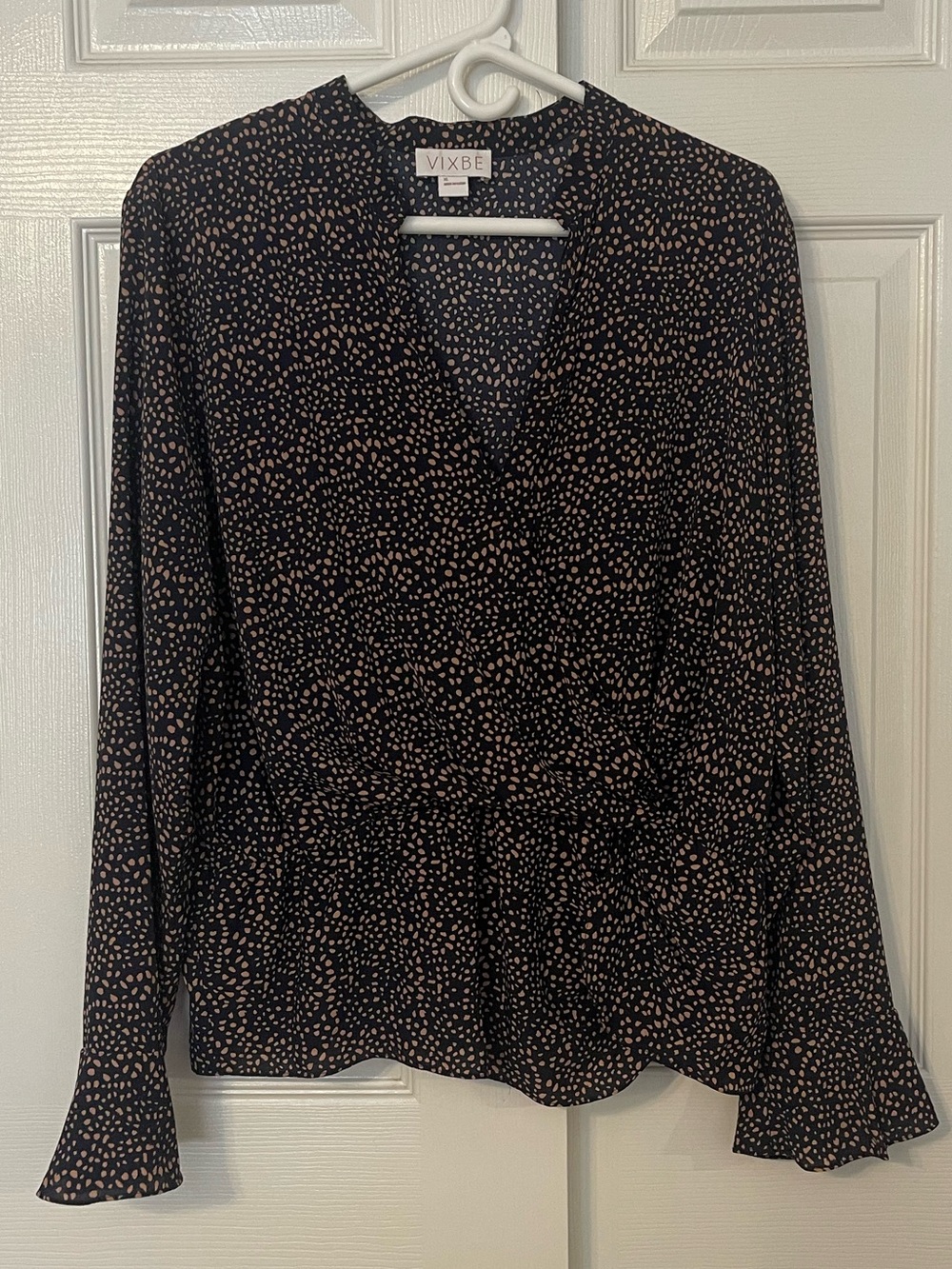 Vixbe Navy Blue Blouse with Tan Dot Print - V-Neck Peplum